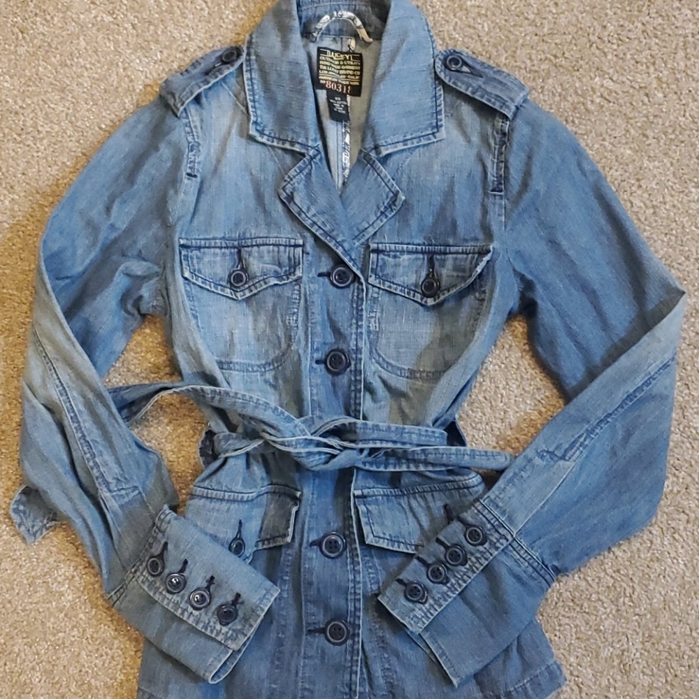 Military style denim jacket.